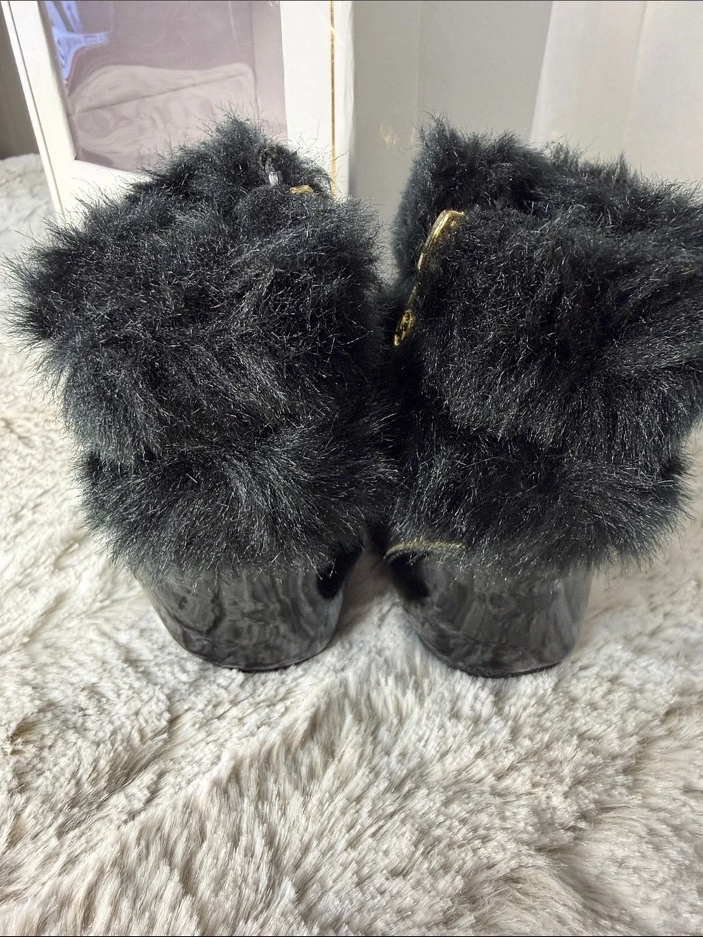 Michael Kors Black Faux Fur Baby Booties with Gold MK Accents